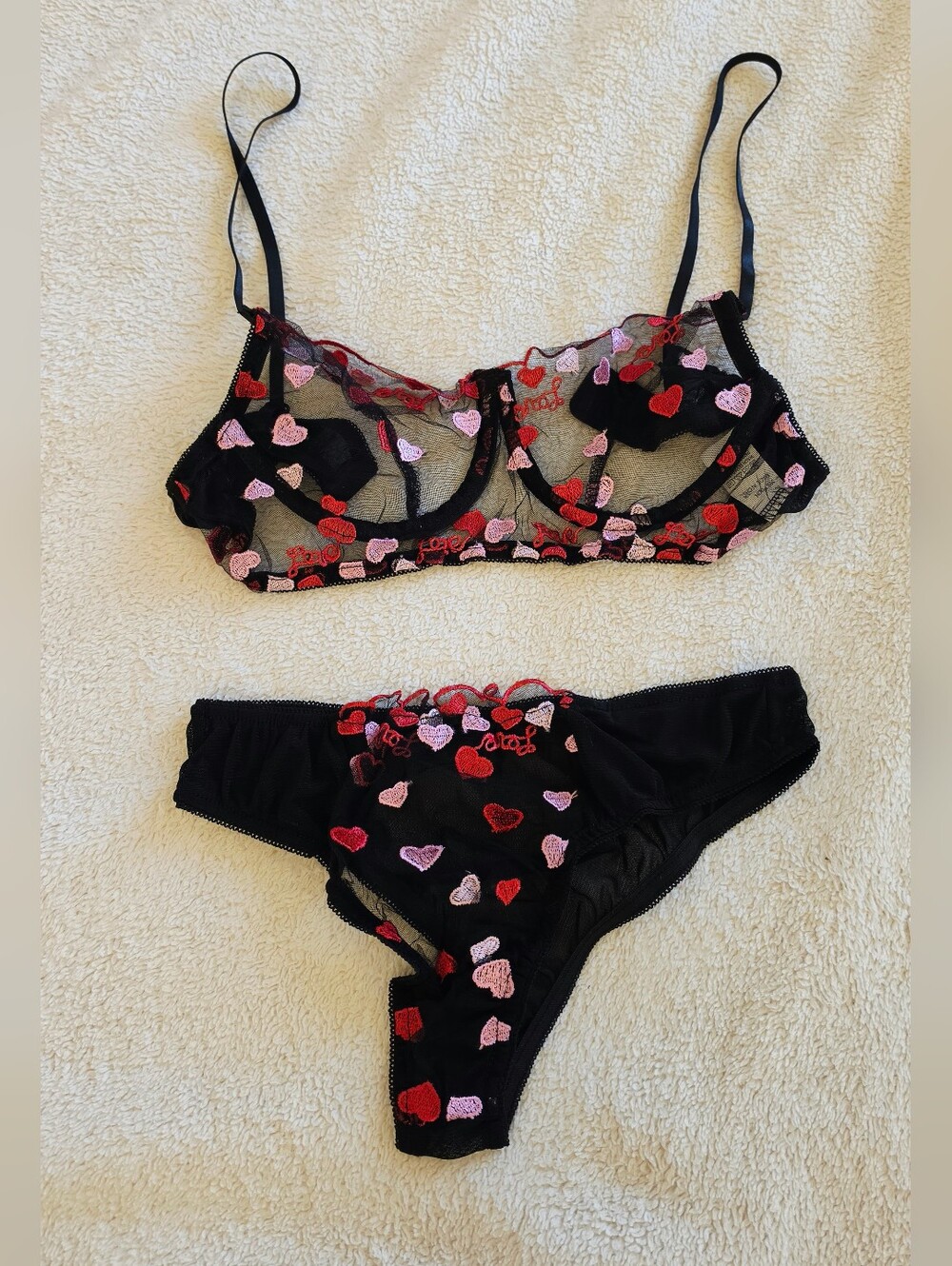 Black Sheer Heart-Embroidered Lingerie Set